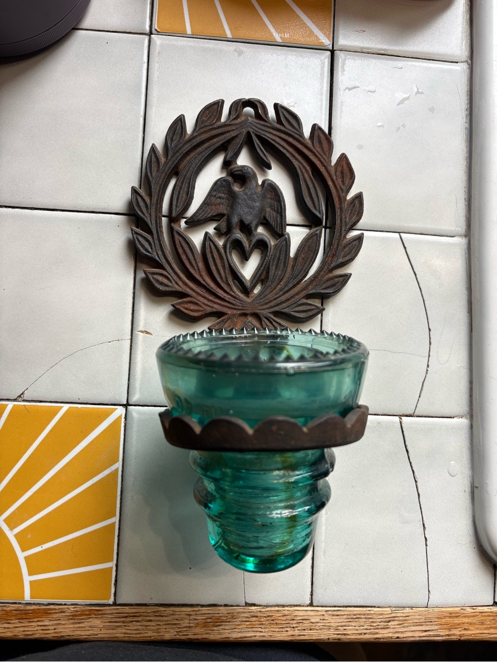 Vintage Aqua Glass Insulator Wall Vase Cast Iron